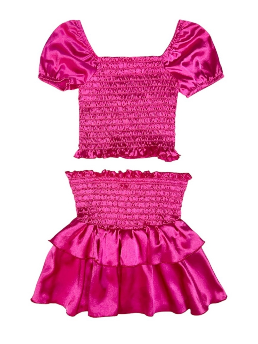 Cheryl Kids Creations Girls Hot Pink Satin Two-Piece Smocked Top and Skirt Set